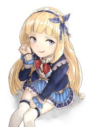 Rule 34 | 1girl, absurdres, blonde hair, blue hairband, blue jacket, blue skirt, blunt bangs, blush, cagliostro (granblue fantasy), cagliostro (youthful uniform) (granblue fantasy), collared shirt, commentary request, epi zero, flat chest, foreshortening, frilled skirt, frills, from above, granblue fantasy, hairband, highres, jacket, long hair, long sleeves, looking at viewer, parted lips, purple eyes, red neckwear, school uniform, shadow, shirt, sitting, skirt, solo, thighhighs, white background, white shirt, white thighhighs, wing collar, zettai ryouiki