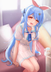 Rule 34 | 1girl, :d, animal ears, blue hair, blurry, blurry background, carrot hair ornament, collared shirt, commentary request, cup, curtains, depth of field, feet out of frame, food-themed hair ornament, hair bun, hair ornament, hololive, indoors, long hair, looking at viewer, mug, nezumi (09261377), open mouth, pillow, pleated skirt, puffy short sleeves, puffy sleeves, rabbit ears, red eyes, shirt, short eyebrows, short sleeves, side bun, single hair bun, single side bun, sitting, skirt, smile, solo, thick eyebrows, usada pekora, usada pekora (casual), very long hair, virtual youtuber, white shirt, white skirt, window