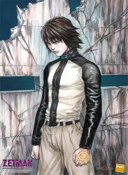 Rule 34 | 1boy, ad, belt, bookplate, brown eyes, brown hair, circle, clenched hands, fnac, frown, kanzaki jin, katsura masakazu, leather, long sleeves, looking at viewer, lowres, male focus, pants, short hair, solo, spiked hair, standing, tonkam, turtleneck, wall, zetman