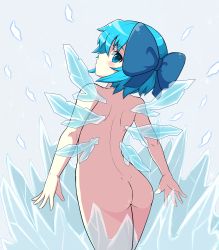 Rule 34 | 1girl, aqua hair, ass, back, blue eyes, blush, bow, cirno, crystal, dimples of venus, hair bow, highres, ice, looking back, nude, short hair, solo, touhou, wade99, wings