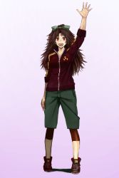 Rule 34 | 1girl, arm up, bad id, bad pixiv id, bow, brown hair, casual, contemporary, fangs, female focus, gomu (chewinggom), hair bow, hand up, highres, long hair, outstretched hand, red eyes, reiuji utsuho, solo, standing, teeth, touhou