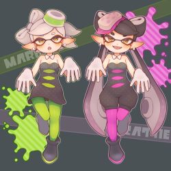 Rule 34 | + +, 2girls, bare shoulders, black dress, black footwear, black hair, black jumpsuit, blush, boots, bow-shaped hair, breasts, callie (splatoon), character name, cleavage, detached collar, dress, ear blush, earrings, english text, fang, fangs, female focus, full body, gloves, gradient hair, green pantyhose, grey hair, half-closed eyes, hands up, happy, highres, inkling, jewelry, jumpsuit, knees together feet apart, leg up, long hair, looking at viewer, marie (splatoon), mole, mole under eye, multicolored hair, multiple girls, narvi, nintendo, object on head, open mouth, outline, pantyhose, pink pantyhose, pointy ears, purple hair, short dress, short hair, short jumpsuit, siblings, sisters, small breasts, smile, splatoon (series), splatoon 1, splatter background, standing, standing on one leg, straight-on, strapless, strapless dress, suction cups, swept bangs, symmetry, teeth, tentacle hair, tentacles, twintails, two-tone hair, very long hair, white gloves, white outline, yellow eyes