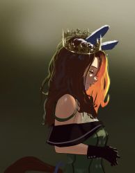 Rule 34 | 1girl, absurdres, animal ears, backlighting, black gloves, brown hair, closed mouth, commentary, crown, dress, ear covers, closed eyes, from side, gloves, green background, green dress, highres, horse ears, horse girl, horse tail, king halo (umamusume), long hair, nicporim, off shoulder, own hands together, profile, solo, tail, umamusume, upper body