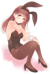 Rule 34 | 10s, 1girl, animal ears, bare shoulders, black footwear, blush, bow, bowtie, breasts, brown eyes, brown hair, brown pantyhose, detached collar, fake animal ears, hand on own knee, hands on own knee, high heels, kantai collection, komi zumiko, leotard, long hair, looking at viewer, ooi (kancolle), pantyhose, playboy bunny, rabbit ears, rabbit tail, ribbon, shoes, solo, tail, wrist cuffs