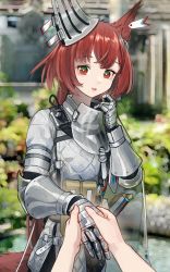 Rule 34 | 1girl, absurdres, animal ears, arknights, armor, blurry, blurry background, cape, commentary request, cowboy shot, flametail (arknights), hand up, highres, holding hands, knight, light blush, light smile, looking at viewer, red eyes, red hair, solo, squirrel ears, squirrel girl, squirrel tail, sword, tail, tilted headwear, weapon, welt (kinsei koutenkyoku)