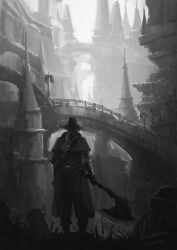Rule 34 | 1other, artist name, axe, bloodborne, boots, bridge, city, coat, copyright name, facing away, from behind, hat, highres, holding, holding axe, holding weapon, hunter (bloodborne), monochrome, outdoors, ponytail, scenery, solo, tripdancer, weapon