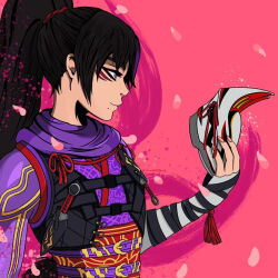 Rule 34 | 1girl, black and red and purple hair, holding kitsune mask, kitsune marks, kitsune mask, kunimitsu ii, kunoichi, purple eyes, namco, ponytail, tekken, tekken 8