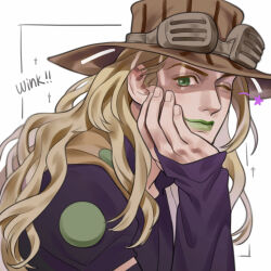 Rule 34 | 1boy, black shirt, blonde hair, brown hat, chakanyuantu, commentary, english commentary, green eyes, green lips, gyro zeppeli, hand up, hat, highres, jojo no kimyou na bouken, long hair, long sleeves, male focus, one eye closed, portrait, shirt, simple background, solo, star (symbol), steel ball run, white background
