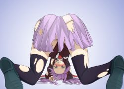 Rule 34 | 1girl, all fours, angry, animal ears, ass, black thighhighs, blue background, blush, breasts, clenched teeth, crying, embarrassed, from behind, hairline, highres, jacket, long hair, long sleeves, looking at viewer, looking through own legs, necktie, panties, purple hair, rabbit ears, red eyes, reisen udongein inaba, shamisen (syami sen), shirt, shoes, simple background, skirt, solo, tears, teeth, thighhighs, torn clothes, torn skirt, torn thighhighs, touhou, underwear, upside-down, white panties, white shirt, zettai ryouiki