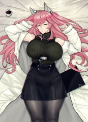 Rule 34 | 1girl, animal ears, bed sheet, belt, breasts, cat ears, clenched hands, closed eyes, coffee mug, commission, cup, girls&#039; frontline, girls&#039; frontline neural cloud, hair between eyes, hair spread out, high-waist skirt, huge breasts, lab coat, large breasts, long hair, lying, miniskirt, mug, on back, pantyhose, persica (girls&#039; frontline), pink hair, red eyes, ribbed sweater, skirt, sleeping, solo, sweater, thighs, turtleneck, turtleneck sweater, zcune