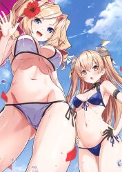 Rule 34 | 2girls, absurdres, armband, bare shoulders, bikini, blonde hair, blue eyes, blue sky, blush, breasts, brown eyes, brown hair, cloud, cloudy sky, day, duplicate, flower, gloves, hair flower, hair ornament, hands on own hips, hibiscus, highres, honolulu (kancolle), johnston (kancolle), kantai collection, large breasts, long hair, looking at viewer, medium breasts, multiple girls, navel, open mouth, outdoors, petals, scan, shiny skin, simple background, single glove, sky, smile, stomach, swimsuit, takanashi kei (hitsujikan), thighs, water, water drop