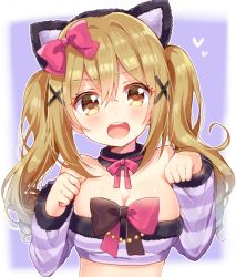 Rule 34 | 1girl, animal ears, bandeau, bang dream!, black neckwear, blonde hair, blush, bow, bowtie, breasts, cat ears, cleavage, fake animal ears, fur-trimmed bandeau, fur-trimmed sleeves, fur collar, fur trim, hair bow, hair ornament, heart, ichigaya arisa, long hair, looking at viewer, medium breasts, nameneko (124), neck ribbon, outline, paw pose, pink bow, pink neckwear, purple background, ribbon, sidelocks, solo, striped bandana, twintails, two-tone neckwear, upper body, white outline, x hair ornament, yellow eyes