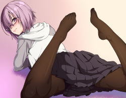 Rule 34 | 1girl, 846-gou, absurdres, ass, black-framed eyewear, blush, brown pantyhose, closed mouth, fate/grand order, fate (series), feet, from behind, glasses, hair over one eye, highres, hood, hoodie, lips, looking at viewer, looking back, lying, mash kyrielight, no shoes, on stomach, pantyhose, pink hair, pleated skirt, purple eyes, semi-rimless eyewear, short hair, skirt, smile, solo, spread legs, sweatdrop, thighband pantyhose, toes, under-rim eyewear, underwear