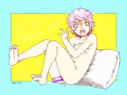 Rule 34 | 1girl, barefoot, caught, colorized, completely nude, constricted pupils, covering privates, covering breasts, female masturbation, full body, harumachi nagaaki, masturbation, navel, nude, object insertion, original, pillow, pink hair, pussy, pussy juice, sex toy, short hair, solo, surprised, tears, vaginal, vaginal object insertion, vibrator
