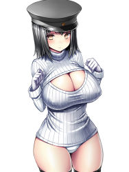 Rule 34 | 10s, 1girl, akitsu maru (kancolle), alternate eye color, black hair, blush, breasts, cleavage, cleavage cutout, clothing cutout, covered erect nipples, cowboy shot, gloves, hat, kantai collection, large breasts, looking at viewer, meme attire, open-chest sweater, panties, ribbed sweater, short hair, simple background, solo, sweater, thighhighs, thighs, tsukumiya amane, turtleneck, underwear, white background, white gloves, white panties, yellow eyes