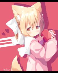 Rule 34 | 1girl, animal ear fluff, animal ears, blonde hair, blush, bow, box, brown eyes, closed mouth, commentary request, detached wings, gift, gift box, hair bow, heart-shaped box, highres, holding, holding gift, letterboxed, long hair, long sleeves, looking at viewer, looking to the side, miike-chan, mini wings, nakkar, original, pink shirt, ponytail, puffy long sleeves, puffy sleeves, red background, sailor collar, school uniform, serafuku, shirt, sleeves past wrists, smile, solo, tail raised, twitter username, upper body, white bow, white sailor collar, white wings, wings
