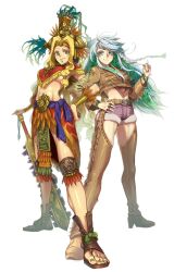 Rule 34 | 2girls, abs, barefoot, blonde hair, blue hair, colored inner hair, crystal hair, ena1215, fate/grand order, fate (series), feet, full body, green eyes, green hair, green nails, hand on own hip, highres, kukulkan (fate), kukulkan (first ascension) (fate), multicolored hair, multiple girls, nail polish, quetzalcoatl (fate), sandals, simple background, smile, toenail polish, toenails, white background