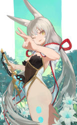 Rule 34 | 1girl, ;), absurdres, animal ear fluff, animal ears, aqua flower, cat ears, catalyst scimitar, flower, grey hair, highleg, highleg leotard, highres, holding, holding sword, holding weapon, leotard, long hair, looking at viewer, low twintails, nia (blade) (xenoblade), nia (xenoblade), one eye closed, smile, solo, sou (pale 1080), spoilers, sword, thighs, twintails, twitter username, very long hair, weapon, xenoblade chronicles (series), xenoblade chronicles 2, yellow eyes
