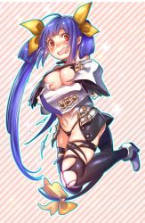 Rule 34 | 1girl, ahoge, ankle boots, belt, belt buckle, black panties, black thighhighs, blue hair, blue outline, blush, boots, breast hold, breasts, buckle, crossed arms, detached sleeves, dizzy (guilty gear), eyes visible through hair, groin, guilty gear, guilty gear xrd, hair ribbon, hair rings, high heels, highleg, highleg panties, knees up, large breasts, long hair, long sleeves, looking at viewer, narita imomushi, navel, nose blush, open mouth, outline, panties, parted bangs, pink background, purple footwear, raised eyebrows, red eyes, ribbon, shiny clothes, shiny skin, sidelocks, skindentation, solo, striped, striped background, sweat, tail, tail ornament, tail ribbon, tareme, thighhighs, tongue, torn clothes, torn thighhighs, twintails, underwear, very long hair, wavy mouth, white belt, white outline, wide sleeves, yellow ribbon