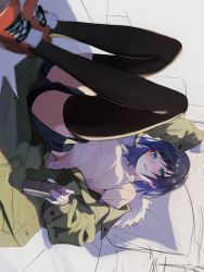 Rule 34 | 1girl, alternate costume, black shorts, black thighhighs, blue eyes, blue hair, can, casual, commentary request, contemporary, flower, genshin impact, green jacket, highres, holding, holding can, jacket, knees up, long sleeves, looking at viewer, lumo 1121, open mouth, red flower, shoes, short hair, shorts, sneakers, solo, streetwear, thighhighs, thighs, unfinished, yelan (genshin impact)