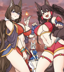 Rule 34 | 3girls, :d, akagi (azur lane), alternate hairstyle, amagi (azur lane), animal ears, azur lane, bare shoulders, between legs, blue dress, blue eyes, blush, breasts, brown hair, cape, cleavage, clenched hands, clothing cutout, cosplay, dress, eyeshadow, fang, fighting stance, fingerless gloves, fire, fox ears, fox girl, fox tail, from side, gauntlets, gloves, hair between eyes, hair ornament, hair over one eye, hairclip, hand between legs, hand up, highres, hip focus, holding, holding sword, holding weapon, javelin (a legend is born?!) (azur lane), javelin (azur lane), javelin (azur lane) (cosplay), kaga (azur lane), kitsune, large breasts, long hair, makeup, medium hair, midriff, multiple girls, multiple tails, navel, open mouth, orange eyes, oukama, outdoors, purple eyes, pyrokinesis, red cape, red eyeshadow, red shorts, revealing clothes, short shorts, shorts, sideless outfit, skindentation, smile, sword, tail, thigh strap, thighs, twintails, unamused, underboob, underboob cutout, very long hair, weapon, white hair, z23 (azur lane), z23 (azur lane) (cosplay), z23 (upgrade failure?!) (azur lane)