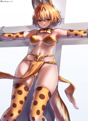 Rule 34 | 1girl, animal ears, bikini, black hair, blonde hair, blush, bound, bow, bowtie, breasts, cross, crucifix, crucifixion, elbow gloves, extra ears, gloves, highres, kemono friends, large breasts, outstretched arms, print bow, print bowtie, restrained, riro (breakthrough rr), serval (kemono friends), serval print, short hair, solo, spread arms, stationary restraints, swimsuit, tail, thighhighs, upright restraints, yellow bikini