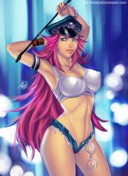 Rule 34 | 1girl, absurdres, armband, armpits, bangle, big hair, blue eyes, blue shorts, bracelet, bracer, breasts, cleavage, covered erect nipples, cuffs, cutoffs, denim, denim shorts, final fight, handcuffs, hat, highres, jewelry, large breasts, long hair, midriff, narrow waist, navel, open fly, peaked cap, pink hair, poison (final fight), riding crop, short shorts, shorts, solo, standing, street fighter, tank top, topsu, unzipped, very long hair