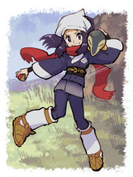 Rule 34 | 1girl, akari (pokemon), black eyes, commentary request, creatures (company), cyndaquil, day, eyelashes, floating scarf, galaxy expedition team survey corps uniform, game freak, gen 2 pokemon, grass, grin, holding, holding poke ball, long hair, looking at viewer, loose socks, nintendo, outdoors, poke ball, pokemon, pokemon (creature), pokemon legends: arceus, purple hair, red scarf, sagemaru-br, scarf, sidelocks, signature, sketch, smile, socks, teeth, watermark