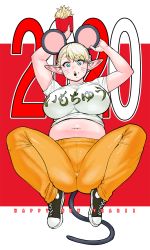 Rule 34 | 1girl, 2020, animal ears, aqua eyes, belly, blonde hair, breasts, chinese zodiac, commentary request, crumbs, elf-san wa yaserarenai., elfuda (elf-san wa yaserarenai.), food, food on face, happy new year, highres, huge breasts, large breasts, looking at viewer, midriff, mouse ears, mouse tail, navel, new year, plump, pointy ears, red background, shoes, short hair, sitting, sneakers, solo, synecdoche, tail, thick thighs, thighs, translated, whiskers, white background, year of the rat