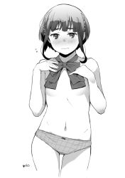 Rule 34 | 1girl, blush, bow, bowtie, braid, breasts, closed mouth, convenient censoring, flying sweatdrops, greyscale, kantai collection, makio (makiomeigenbot), monochrome, panties, short hair, signature, simple background, small breasts, solo, takanami (kancolle), topless, underwear
