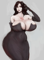 Rule 34 | 1girl, absurdres, arm up, black dress, black gloves, black hair, black robe, breasts, cleavage, dress, elbow gloves, female focus, fullmetal alchemist, gloves, highres, huge breasts, lipstick, long hair, looking at viewer, lust (fma), makeup, red eyes, red lips, robe, shinyglute, simple background, solo, tattoo