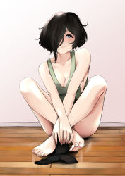 Rule 34 | 1girl, absurdres, bare legs, bare shoulders, barefoot, black hair, black pantyhose, blush, breasts, cleavage, closed mouth, commentary request, crossed ankles, feet, female focus, fingernails, full body, green shirt, grey eyes, highres, indoors, legs, long bangs, looking at viewer, medium breasts, mole, mole above eye, mole on breast, mole under mouth, original, pantyhose, pupi (rain prophet), shirt, short hair, sleeveless, sleeveless shirt, smile, solo, toenails, toes, unworn legwear, wooden floor