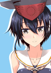 Rule 34 | 10s, 1girl, asymmetrical hair, black hair, blue background, brown eyes, close-up, collarbone, framed breasts, hair between eyes, hat, i-14 (kancolle), kantai collection, looking at viewer, mikage takashi, sailor collar, short hair, simple background, smile, solo, upper body