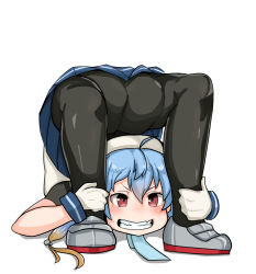 Rule 34 | 1girl, ahoge, blue hair, commentary request, contortion, fang, flexible, full body, gloves, grin, hat, kantai collection, looking through own legs, low twintails, pantyhose, pleated skirt, red eyes, sado (kancolle), sailor hat, school uniform, serafuku, skin fang, skirt, smile, solo, takasugi heppu, twintails, white gloves
