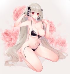 Rule 34 | 1girl, :o, arm up, armpits, artist name, azur lane, bare arms, bare legs, bare shoulders, barefoot, black bow, black bra, black panties, blonde hair, blush, bow, bra, collarbone, earrings, floral background, flower, formidable (azur lane), full body, hair bow, hand in own hair, highres, jewelry, kneeling, long hair, looking at viewer, navel, nipples, one breast out, open mouth, orii (fsgp5252), panties, pink flower, pink rose, pulled by self, red eyes, rose, side-tie panties, solo, stomach, strap pull, twintails, underwear, underwear only, undressing, untied panties, very long hair
