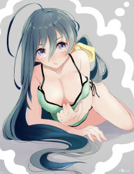 Rule 34 | 10s, 1girl, :o, ahoge, alternate breast size, arm support, bare legs, blush, breasts, cleavage, clothes pull, collarbone, downblouse, full body, green one-piece swimsuit, grey background, hair between eyes, hair ribbon, hanging breasts, highres, kantai collection, kiyoshimo (kancolle), large breasts, long hair, looking at viewer, lying, on stomach, one-piece swimsuit, one-piece swimsuit pull, open mouth, polka dot, polka dot swimsuit, pulled by self, purple eyes, ribbon, signature, simple background, solo, swimsuit, tareme, tebi (tbd11), thighs, very long hair, yellow ribbon