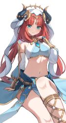 Rule 34 | 1girl, absurdres, aftamc, aqua eyes, arm support, blue gemstone, blue skirt, bracer, breasts, brooch, closed mouth, crop top, detached sleeves, fake horns, feet out of frame, gem, genshin impact, gladiator sandals, gold trim, hand up, harem outfit, highres, horns, jewelry, light blush, long hair, long sleeves, looking at viewer, low twintails, medium breasts, navel, neck ring, nilou (genshin impact), parted bangs, puffy long sleeves, puffy sleeves, red hair, sandals, sitting, skirt, smile, solo, stomach, thighs, twintails, veil, very long hair, white headwear