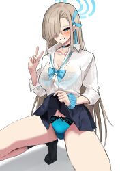 Rule 34 | 1girl, asuna (blue archive), black skirt, blue archive, blue eyes, blush, breasts, collared shirt, grin, hair over one eye, halo, highres, large breasts, light brown hair, long hair, long sleeves, looking at viewer, miniskirt, ryou (ryoutarou), shirt, skirt, sleeves rolled up, smile, very long hair, white shirt