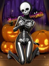 Rule 34 | 1girl, absurdres, barbell piercing, blonde hair, bodysuit, breasts, ear piercing, earrings, english text, forest, full body, gimp mask, gluteal fold, gradient hair, grin, halloween, halloween costume, highres, impossible bodysuit, impossible clothes, industrial piercing, j.c.14, jack-o&#039;-lantern, jewelry, kitagawa marin, kneeling, large breasts, long hair, looking at viewer, mask, multicolored hair, narrow waist, nature, night, piercing, pumpkin, red eyes, sidelocks, skeleton print, smile, solo, sono bisque doll wa koi wo suru, thigh gap, very long hair, zentai