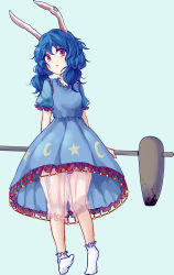 Rule 34 | 1girl, animal ears, bad id, bad pixiv id, bloomers, blue background, blue dress, blue hair, dress, female focus, highres, kine, low twintails, mallet, pale skin, puffy short sleeves, puffy sleeves, rabbit ears, red eyes, see-through, seiran (touhou), short sleeves, short twintails, simple background, socks, solo, touhou, twintails, underwear, upskirt, uranaishi (miraura)