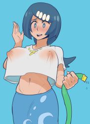 Rule 34 | 1girl, blue eyes, blue hair, blush, breasts, creatures (company), covered erect nipples, game freak, highres, hose, lana&#039;s mother (pokemon), large breasts, mature female, navel, neet-in-heat, nintendo, nipples, no bra, pokemon, pokemon (anime), pokemon sm (anime), see-through, shirt, solo, white shirt