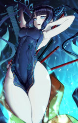Rule 34 | 1girl, armpits, arms behind head, arms up, bare shoulders, black dress, blue eyes, blue fire, blunt bangs, blush, breasts, china dress, chinese clothes, cleavage, detached sleeves, dress, eidenjyou1997, fate/grand order, fate (series), fire, flute, hair ornament, highres, instrument, large breasts, leaf hair ornament, long hair, looking at viewer, open mouth, pipa (instrument), purple hair, side slit, sidelocks, smile, solo, thighs, twintails, very long hair, yang guifei (fate)