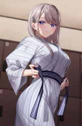 Rule 34 | 1girl, blue eyes, breasts, chigusa minori, closed mouth, commentary request, hair ornament, hairclip, indoors, japanese clothes, large breasts, locker, long hair, long sleeves, looking at viewer, saotome shino (shino to ren), shino to ren, solo, swept bangs, wide sleeves