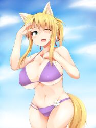Rule 34 | 10s, 1girl, absurdres, animal ears, areola slip, bad id, bad pixiv id, bare shoulders, bikini, blonde hair, breasts, cleavage, cloud, curvy, day, dog days, fox ears, fox tail, green eyes, highres, huge breasts, long hair, mikage kirino, navel, one eye closed, open mouth, purple bikini, revision, sky, solo, swimsuit, tail, underboob, wide hips, wink, yukikaze panettone