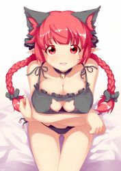 Rule 34 | 1girl, animal ears, bell, black bra, black panties, blush, bra, braid, breasts, cat cutout, cat ear panties, cat ears, cat lingerie, cleavage, cleavage cutout, clothing cutout, collar, crossed arms, extra ears, fang, jingle bell, kaenbyou rin, large breasts, long hair, looking at viewer, meme attire, neck bell, open mouth, panties, pointy ears, psychopath idiot, red eyes, red hair, side-tie panties, sitting, solo, touhou, twin braids, underwear, underwear only
