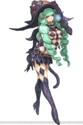 Rule 34 | 1girl, belt, black footwear, boots, breasts, drill hair, eyelashes, fiore brunelli, full body, green hair, hat, high heel boots, high heels, highres, holding, lips, lipstick, long hair, looking at viewer, makeup, microskirt, miniskirt, official art, revealing clothes, sega, skirt, solo, square enix, standing, star ocean, star ocean integrity and faithlessness, tail, very long hair, witch hat, yellow eyes