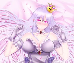 Rule 34 | 1girl, absurdres, bed, blush, breasts, cleavage, closed mouth, crown, dress, female focus, gloves, glowing, glowing eyes, highres, large breasts, long hair, looking at viewer, luigi&#039;s mansion, lying, mario (series), new super mario bros. u deluxe, nintendo, on bed, picantium, pointy ears, princess king boo, purple eyes, ribbon, short sleeves, silver hair, super crown, white dress, white gloves