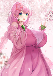 Rule 34 | 1girl, absurdres, ahoge, alternate eye color, alternate hair color, blush, braid, breasts, cherry blossoms, dress, fingerless gloves, flower, food, gloves, green eyes, green gloves, hair flower, hair ornament, highres, holding, holding food, huge breasts, kizuna akari, long hair, looking at viewer, nail polish, open mouth, outdoors, pink dress, pink flower, pink hair, pink nails, pink theme, sakura mochi, see-through, single braid, smile, solo, standing, tenneko yuuri, very long hair, voiceroid, wagashi