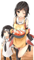 Rule 34 | 10s, 2girls, alternate hairstyle, bare shoulders, black hair, dress, food, forehead protector, grey eyes, hair ornament, hairclip, headband, heart, highres, if they mated, kantai collection, konohagakure symbol, long hair, looking at viewer, mother and daughter, multiple girls, naruto, naruto (series), neckerchief, one-piece swimsuit, open mouth, oven mitts, pot, saku (kudrove), sendai (kancolle), short hair, shrimp, skirt, smirk, standing, standing on one leg, stew, swimsuit, vegetable, white dress, aged down
