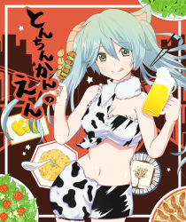 Rule 34 | 1girl, :q, alcohol, alternate costume, animal print, aqua hair, asymmetrical clothes, beer, breasts, cleavage, cow print, food, grey eyes, hatsune miku, long hair, looking at viewer, midriff, navel, solo, tonchinkan no en (vocaloid), tongue, tongue out, twintails, vocaloid